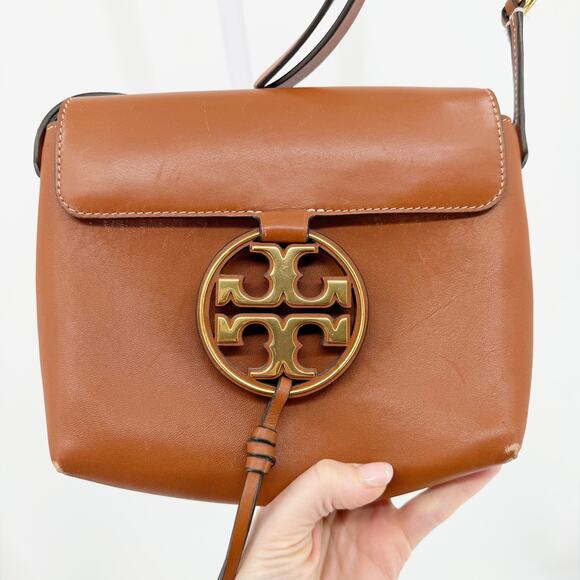 Tory Burch Miller Metal Logo Brown Tan Leather Crossbody Bag Small Handbag - Picture 2 of 9